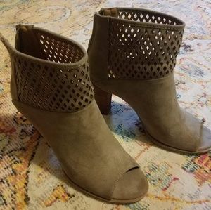 Report open toe booties taupe